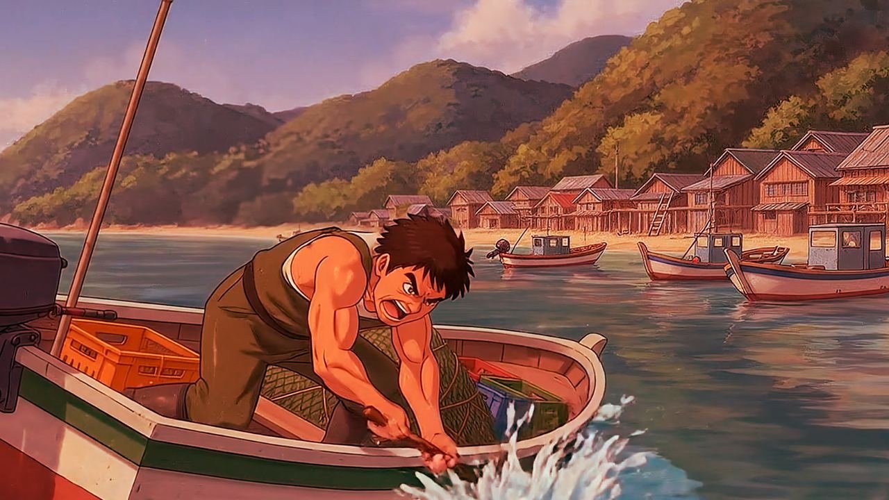 Pescador maniobrando en su bote frente a un pueblo costero al atardecer.
